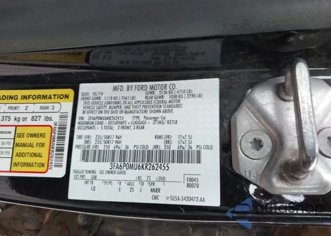 2019 Ford Fusion Hybrid Sel z USA, uszkodzony, nr VIN 3FA6P0MU6KR262455